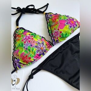 NWT Green Black Floral Sexy Embellished Beaded Bikini Set Colombian Swimwear